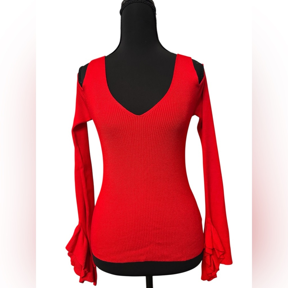 Express Vibrant Red cold shoulder long sleeves Ribbed Top size Medium